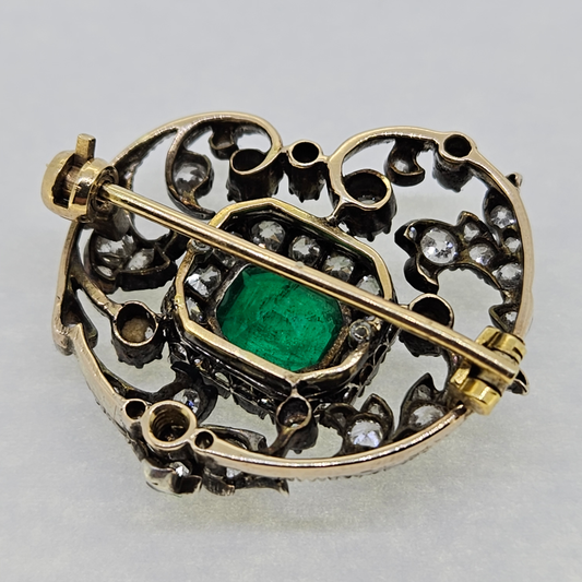 Antique Columbian Emerald and Old Cut Diamond Brooch