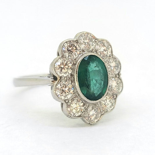 Modern Emerald and Diamond Flower Cluster Engagement Ring in Platinum