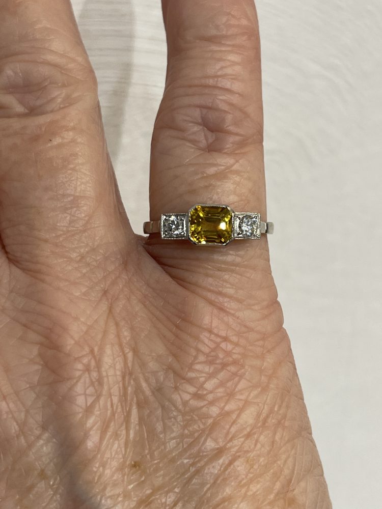 1.40ct Yellow Sapphire and Diamond Trilogy Engagement Ring in Platinum