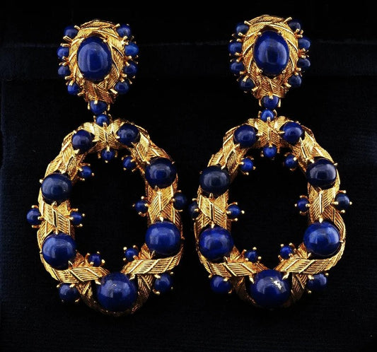 Vintage Retro Lapis Lazuli and 18ct Yellow Gold Earrings