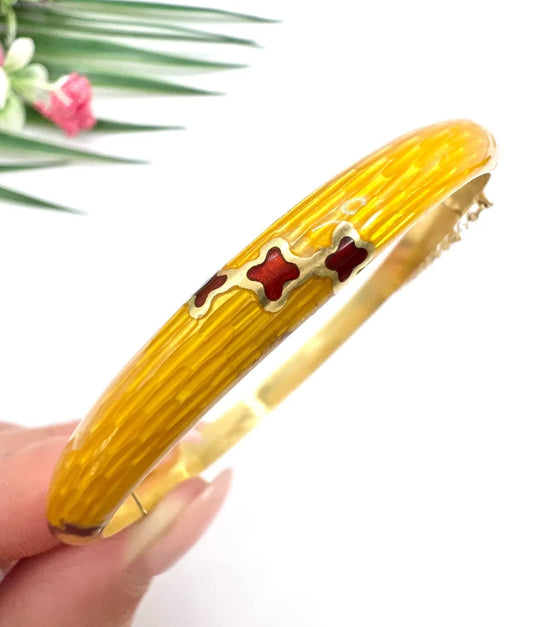 Art Deco Yellow Guilloche Enamel Bangle Bracelet