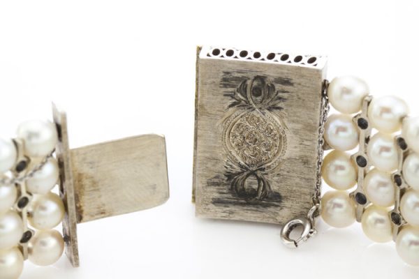 Vintage Akoya Pearl and Aquamarine Bangle Bracelet with Blue Enamel Clasp decorated with Rose-Cut Diamonds, Made in Italy, Circa 1940 - 1950s