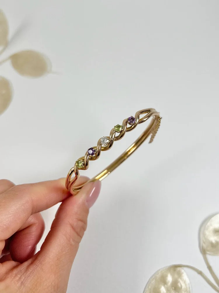 Antique 15 Carat Yellow Gold Suffragette Bangle with Amethyst, Peridot And Diamond Stones
