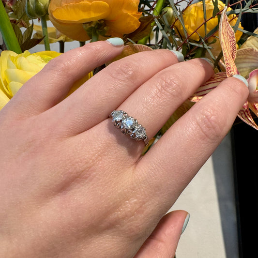Vintage Art Deco Trilogy Old Cut Diamond Engagement ring Platinum, 0.65cts, three stone on finger