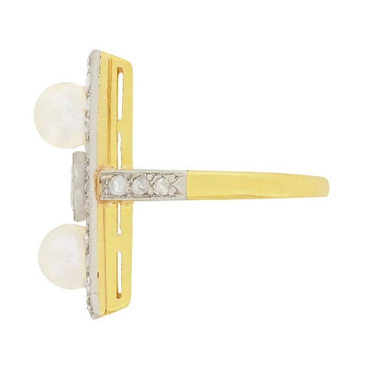 Edwardian Antique Pearl and Old Cut Diamond Trilogy Plaque Tablet Ring