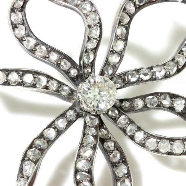 Antique Old Cut Diamond Bow Brooch, 6.55 carats