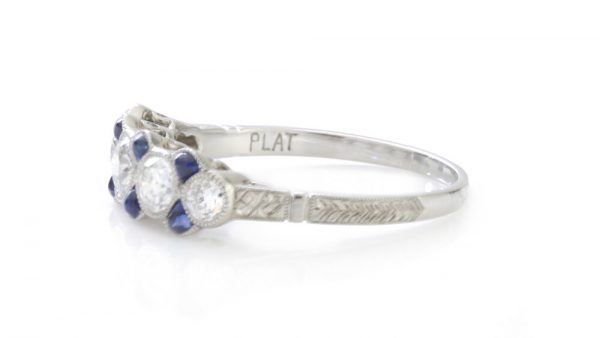 Art Deco Old Cut Diamond, Sapphire and Platinum Five Stone Ring