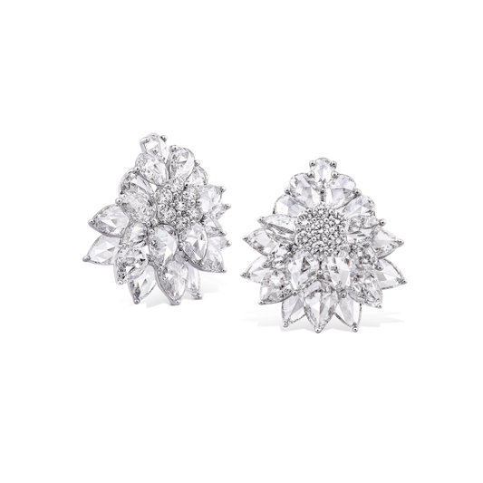 Rose Cut Diamond Floral Cluster Stud Earrings, 8.21 carats