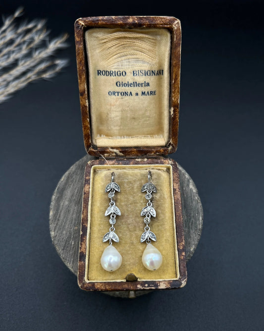 Antique 18ct White Gold, 1920s Diamond & Pearl Drop Earrings, Occasion Jewellery, Bridal Jewellery