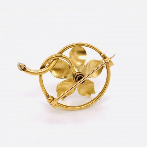 Antique Victorian Enamel, Diamond and Gold Flower Brooch, 19th century Circa 1890