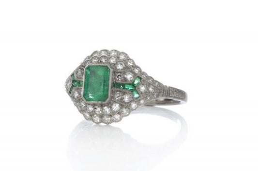 Art Deco Style Emerald, Diamond and Platinum Cluster Dress Ring