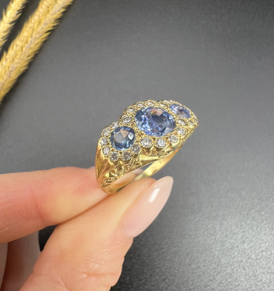 Sapphire And Diamond Triple Daisy Ring In 18 Carat Yellow Gold