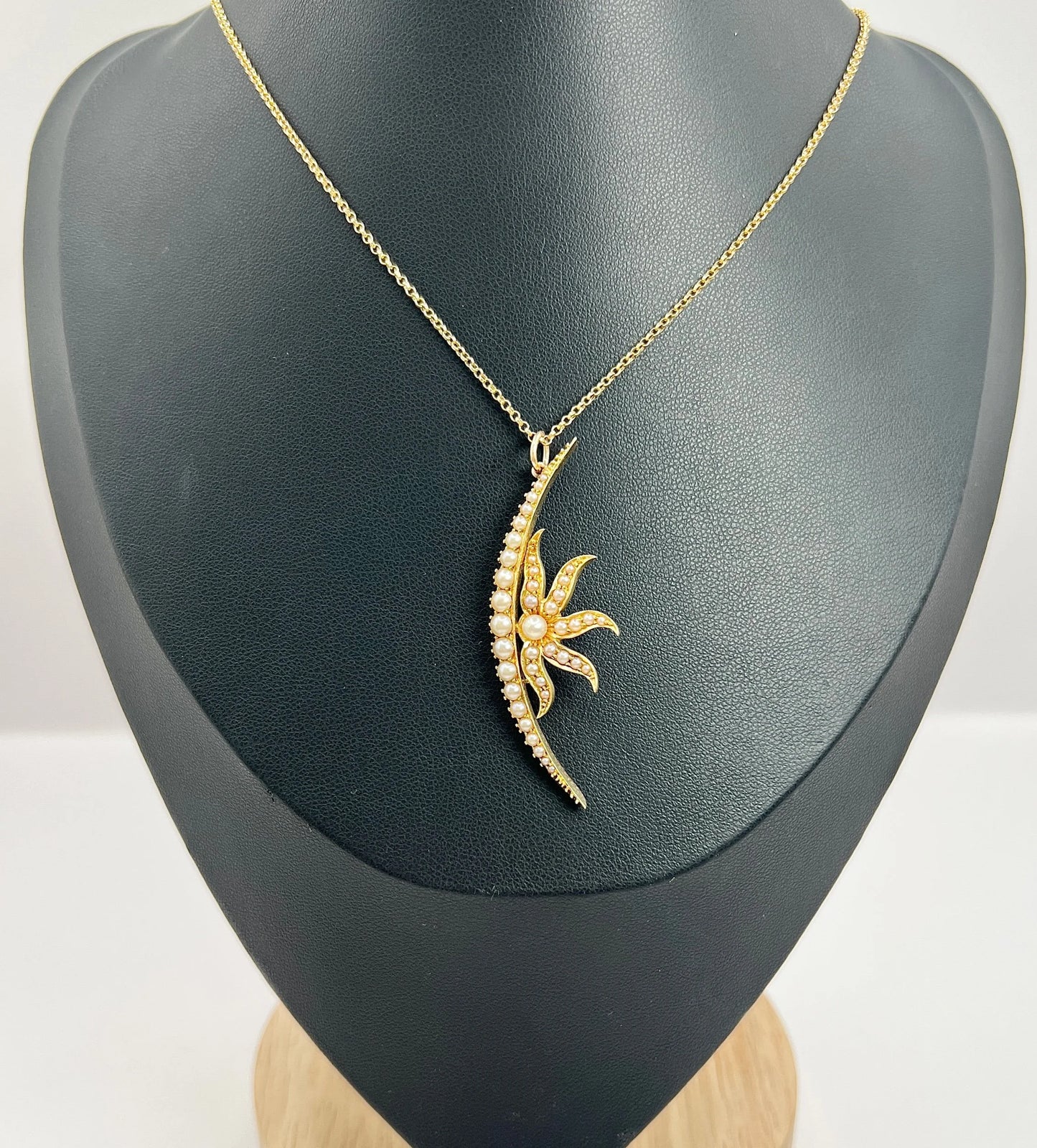 Antique 15 Carat Yellow Gold Seed Pearl Sunburst Crescent Moon Pendant, Circa 1900