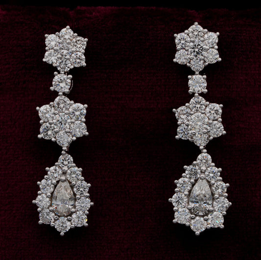 Vintage Pear and Brilliant Cut Diamond Cluster Drop Earrings, 4.90 carat total