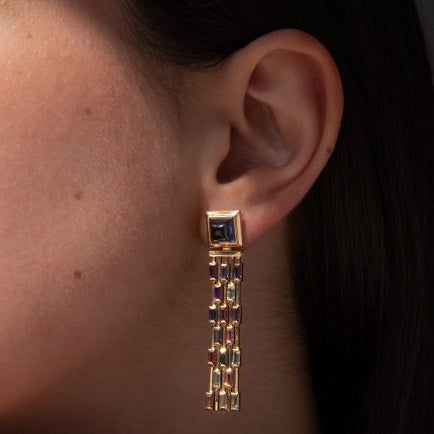 Tiffany and Co Multi Gemstone Fringe Drop Earrings set with iolite, amethyst, sapphire, aquamarine and tourmaline