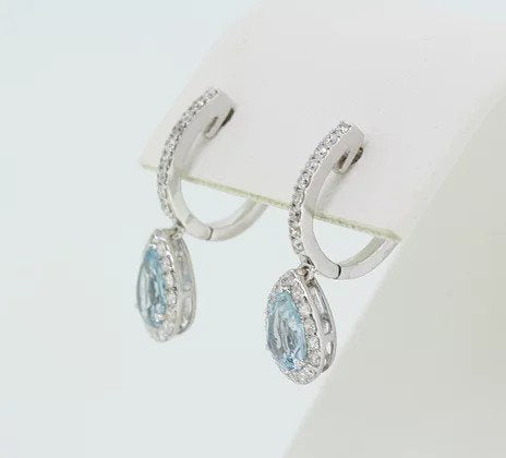 Aquamarine and Diamond Pear Shaped Cluster Drop Earrings; 1.27cts pear aquamarines surrounded by diamonds, diamond set hoop, 18ct white gold.
