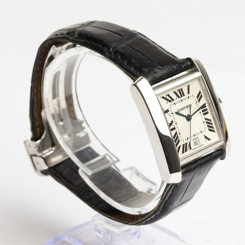 Cartier Tank Francaise Gents 18ct White Gold 2366 Automatic, 28mm, silvery-white dial, Roman numerals, date indicator at 6, cabochon crown, sapphire crystal, Cartier black leather strap with 18ct white gold deployant buckle.