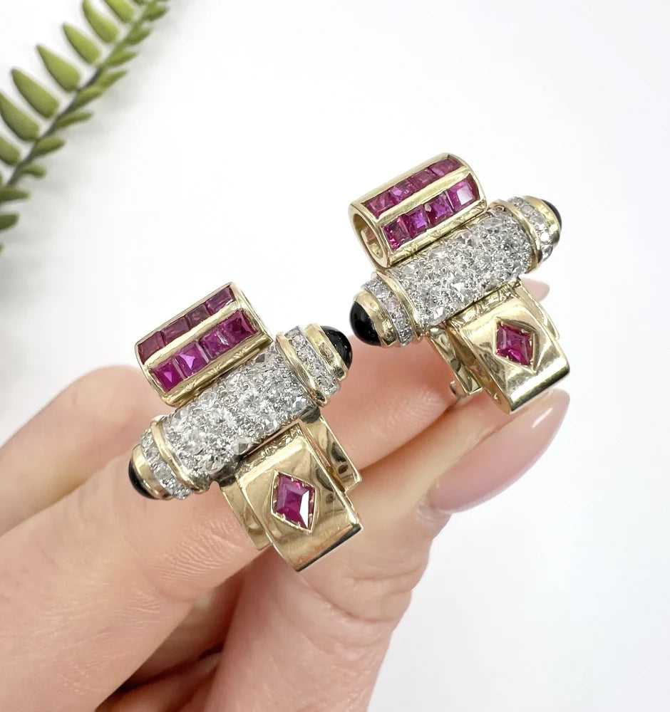 Art Deco Earrings With Old Cut Diamonds, Rubies And Onyx In 18 Carat Yellow And White Gold
