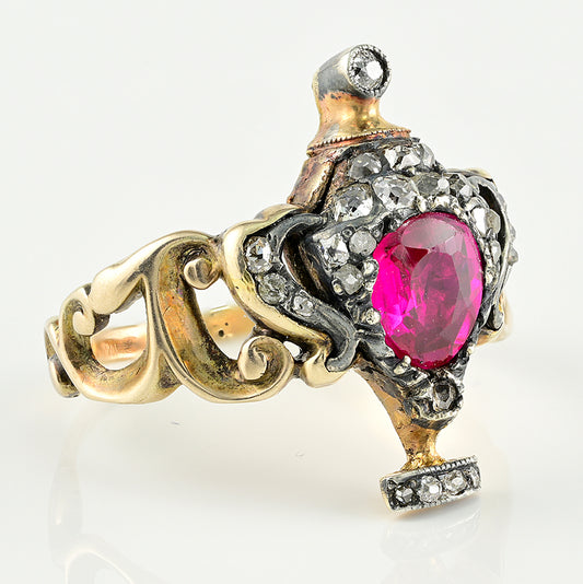 Georgian Antique Natural No Heat Ruby and Diamond Urn Ring Possibly Burma Ruby