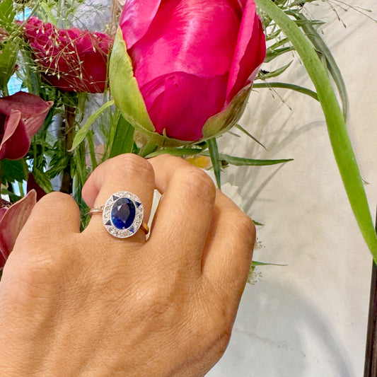 Art Deco Diamond Sapphire 18ct and Platinum Cluster Ring 16363-8820