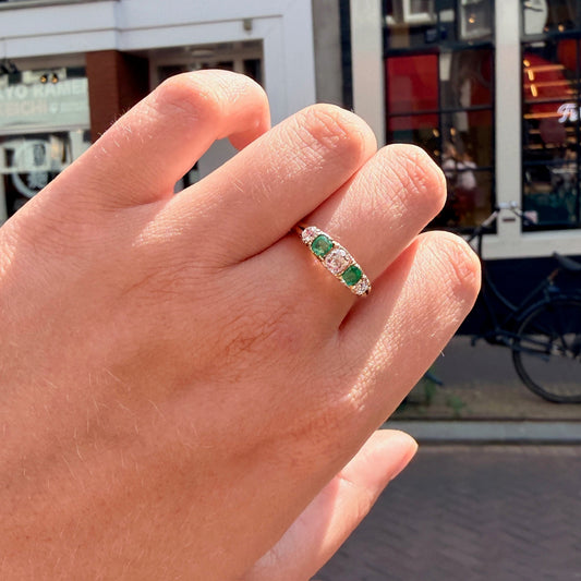 Antique 14 Carat Yellow Gold Emerald and Old Mine Cut Diamond Five Stone Ring