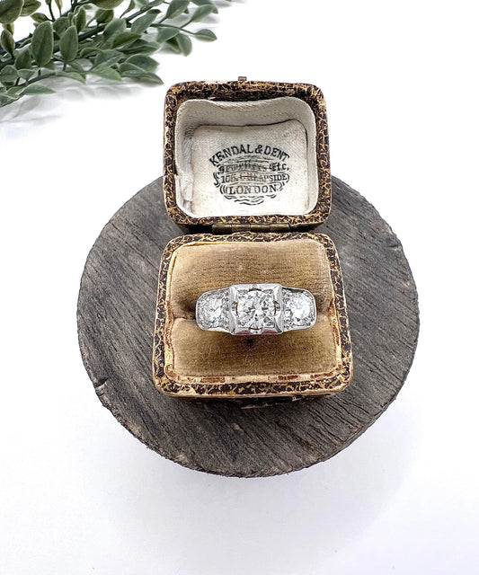 Antique Art Deco Platinum Three Stone Diamond Ring, 1.20 Carats, Circa 1920