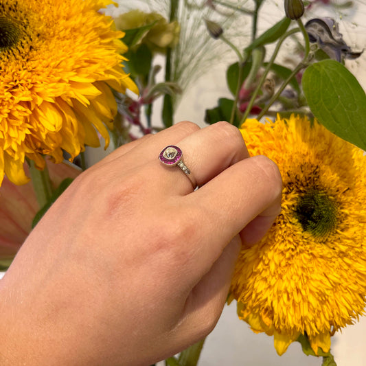 Platinum, Cushion-Cut Diamond and Ruby Halo Cluster Ring, 0.65 Carat