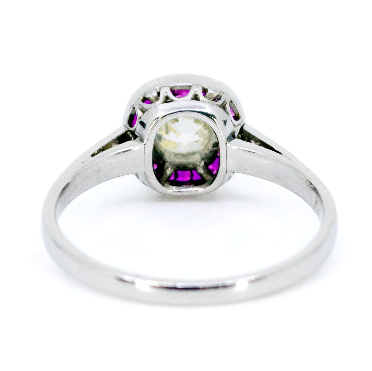 Platinum, Cushion-Cut Diamond and Ruby Halo Cluster Ring, 0.65 Carat