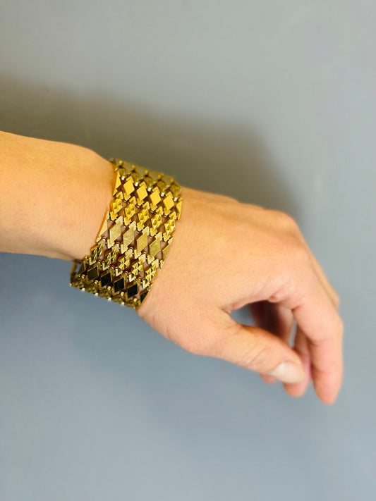 Vintage Italian Fancy Diamond Link Wide Cuff Gold Bracelet