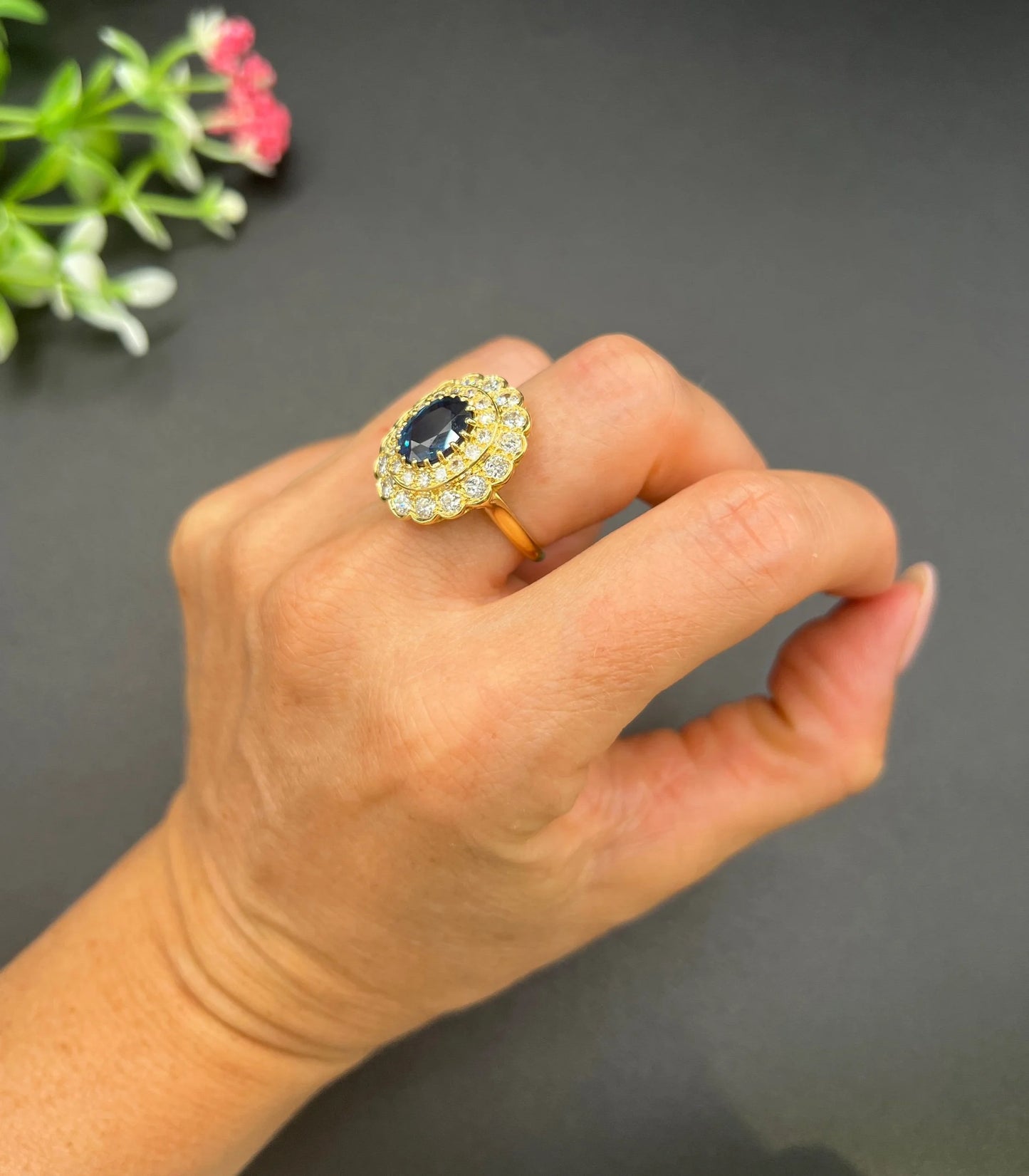 Vintage 18 Carat Yellow Gold 2 Carat Sapphire And Diamond Tiered Cluster Ring