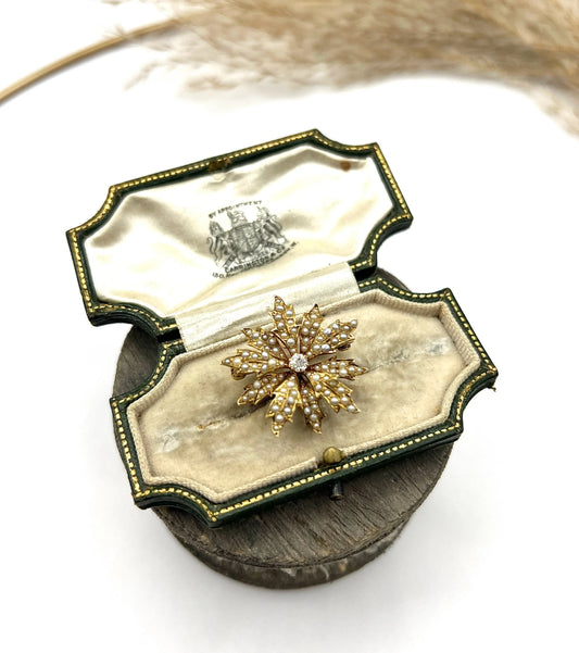 Antique 15ct Gold, Edwardian Natural Seed Pearl & Diamond Flower Pendant/Brooch