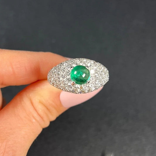 Vintage French Cabochon Emerald and Diamond Cluster Bombe Ring, Circa 1940s