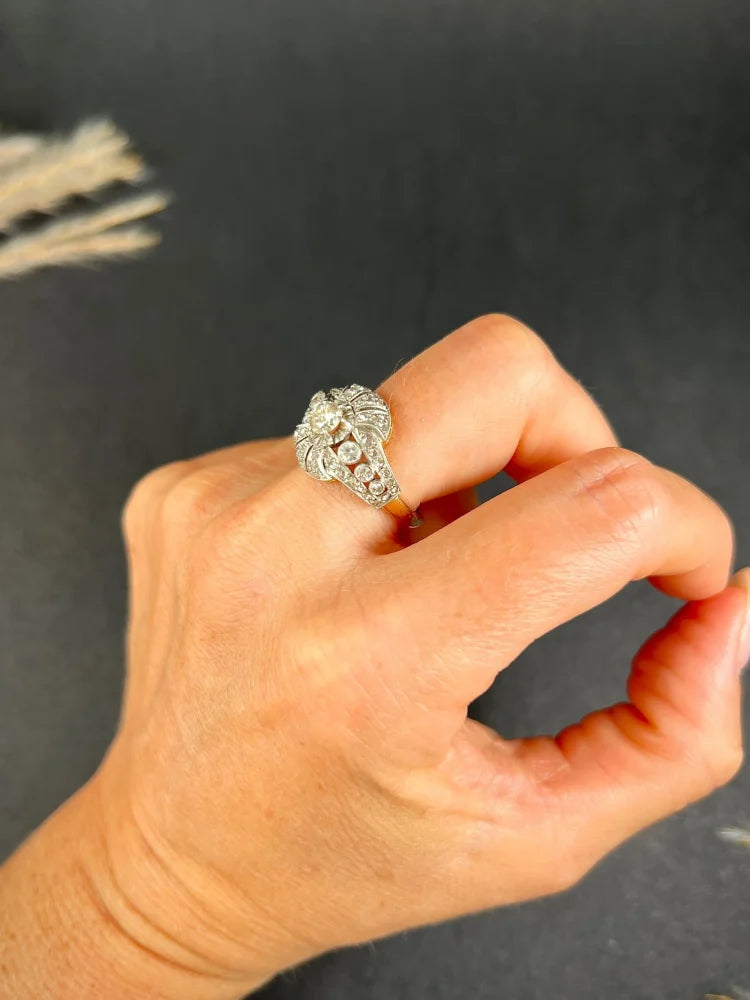 Art Deco Diamond Bombe Cluster Dress Ring in Platinum and 18ct Gold