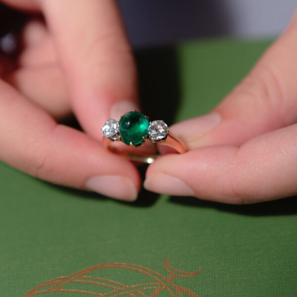 Antique Victorian 2ct Cabochon Emerald and Diamond Three Stone Ring