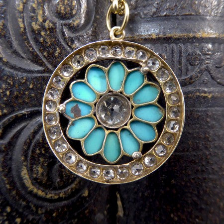 Victorian Old Cut Diamond and Turquoise Flower Pendant, 3.20 Carat Total