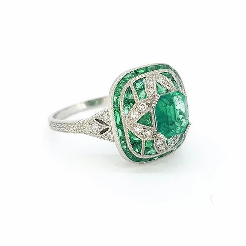 Art Deco Style Colombian Emerald and Diamond Cocktail Ring. Mounted in platinum