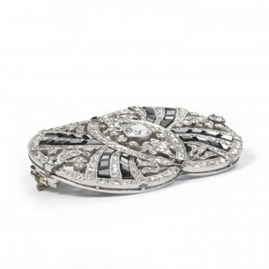 Belle Epoque Old Cut Diamond, Onyx and Platinum Brooch