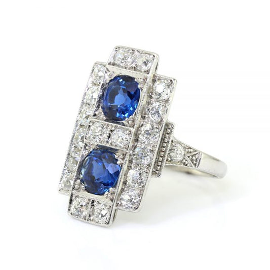 Art Deco Sapphire and Old Cut Diamond Plaque Ring in Platinum, S1.50cts D1.40cts, Circa 1920s
