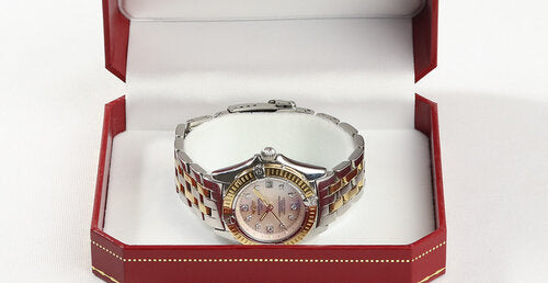 Breitling Callistino Ladies Pink MOP 29mm Diamond Dial Steel and Gold Quartz Watch, original pink mother of pearl dial with 11 diamond hour markers, Steel and gold bracelet