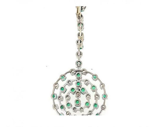 Contemporary Emerald and Diamond Circular Openwork Drop Earrings; round emeralds and brilliant-cut diamonds set in openwork circle design, 18ct white gold.