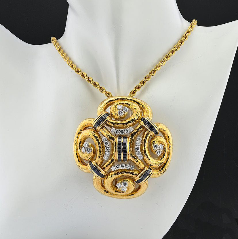 David Webb Ancient World Collection 7ct Sapphire 6.40ct Diamond and Gold Pendant come Brooch