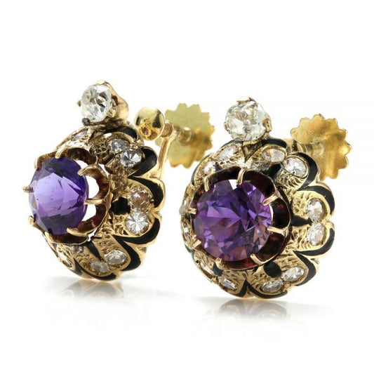 Antique Victorian Amethyst and Old Cut Diamond Cluster Earrings