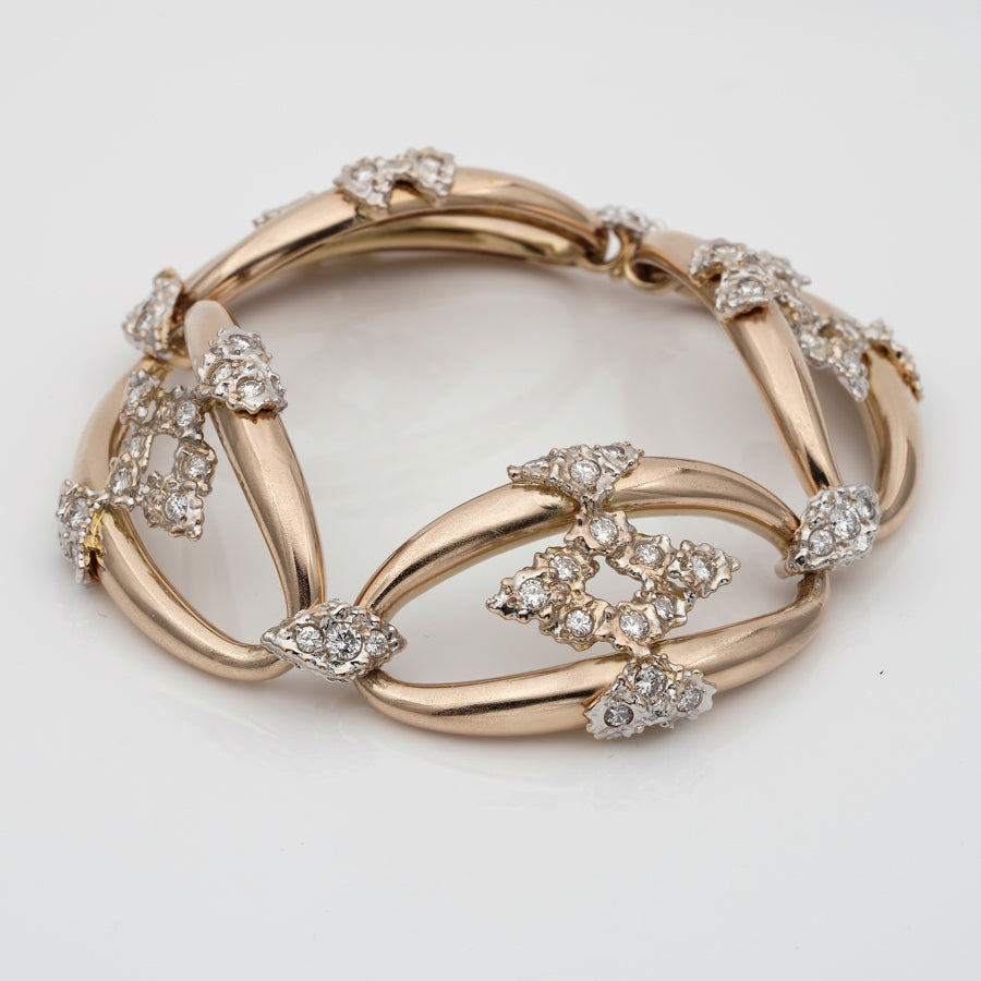 Vintage 1940s Retro Gold Oval Omega Link Bracelet with 4cts Diamonds