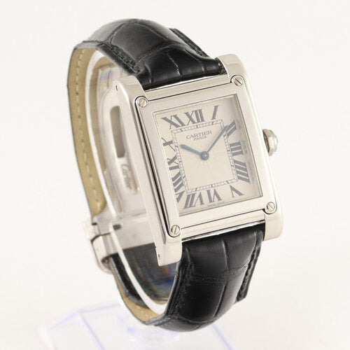 Cartier Tank A Vis 27mm in Platinum, Collection Privée from 2008, white guilloche dial, Roman numerals, blue steel hands, sapphire glass, mechanical movement, on a black leather strap with 18ct white gold fold-over clasp, with original Cartier box and papers.