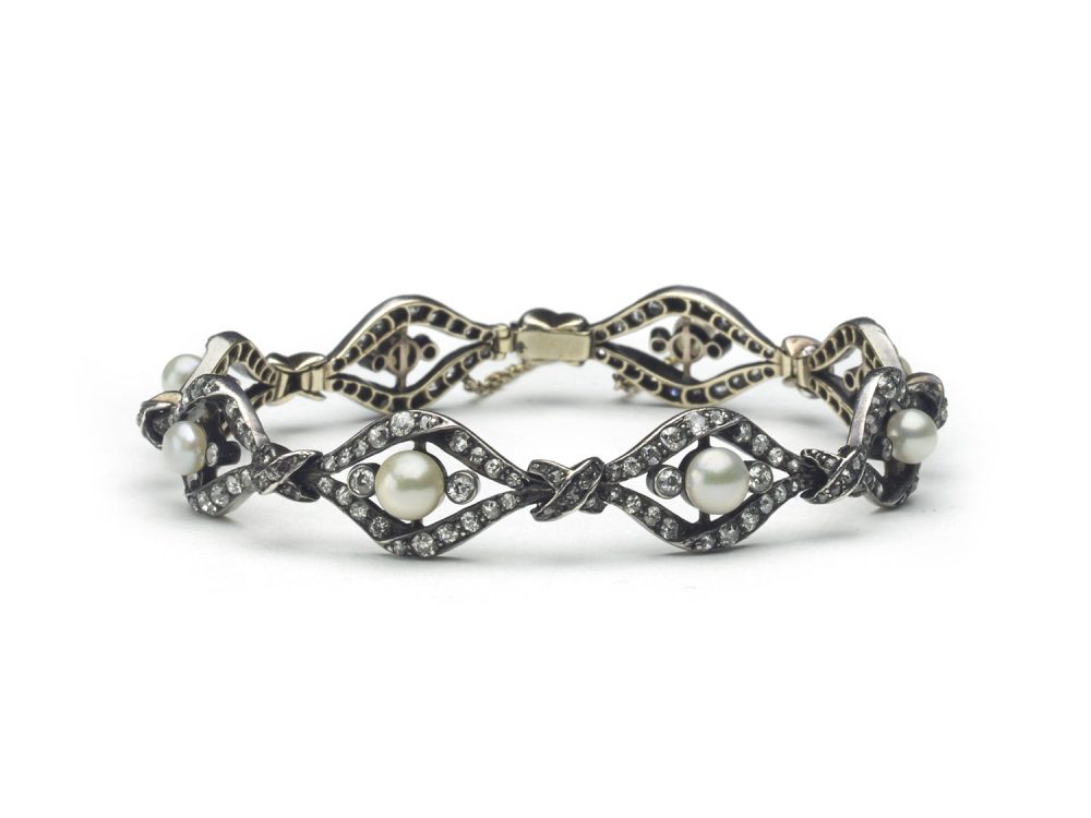 Antique Victorian Pearl Diamond Gold Link Bracelet