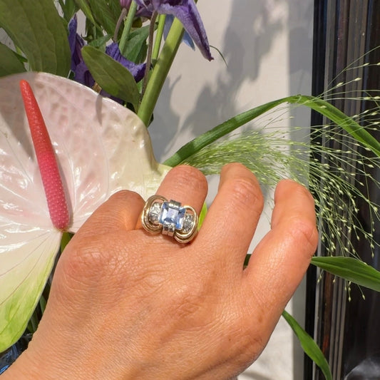 Vintage Retro Blue Spinel and Diamond Tank Ring