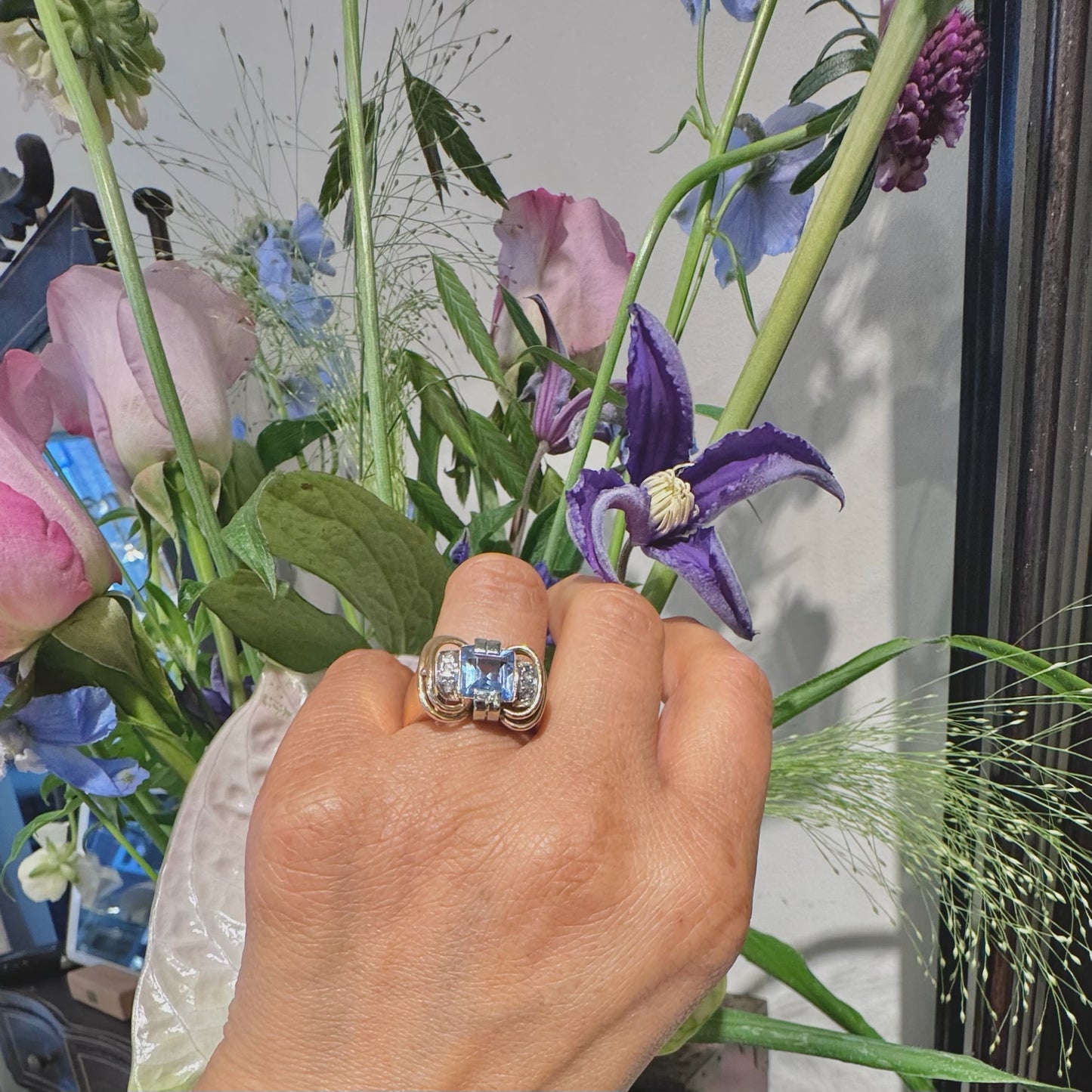 Vintage Retro Blue Spinel and Diamond Tank Ring