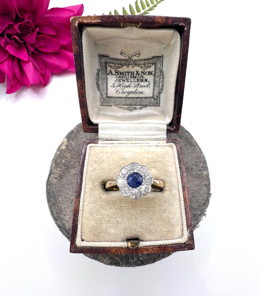 Antique 18 ct Yellow Gold And Platinum, Edwardian Sapphire And Diamond Daisy Cluster Ring