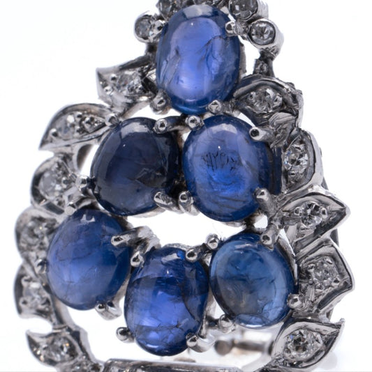 7.20ct Natural Cabochon Sapphire and Diamond Leaf Shaped Cluster Earrings