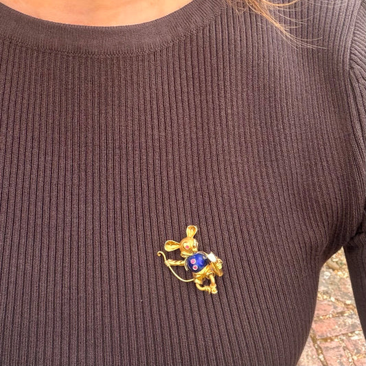 Vintage 18 ct Gold Lapis Lazuli Mouse Brooch